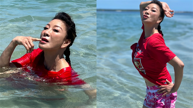 楊繡惠掀起上衣，力拼外國美女。（民視提供）