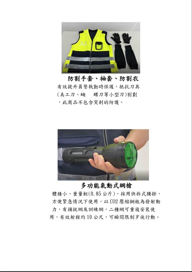 北市警局将採购新式装备，加强员警执勤安全。（警方提供）