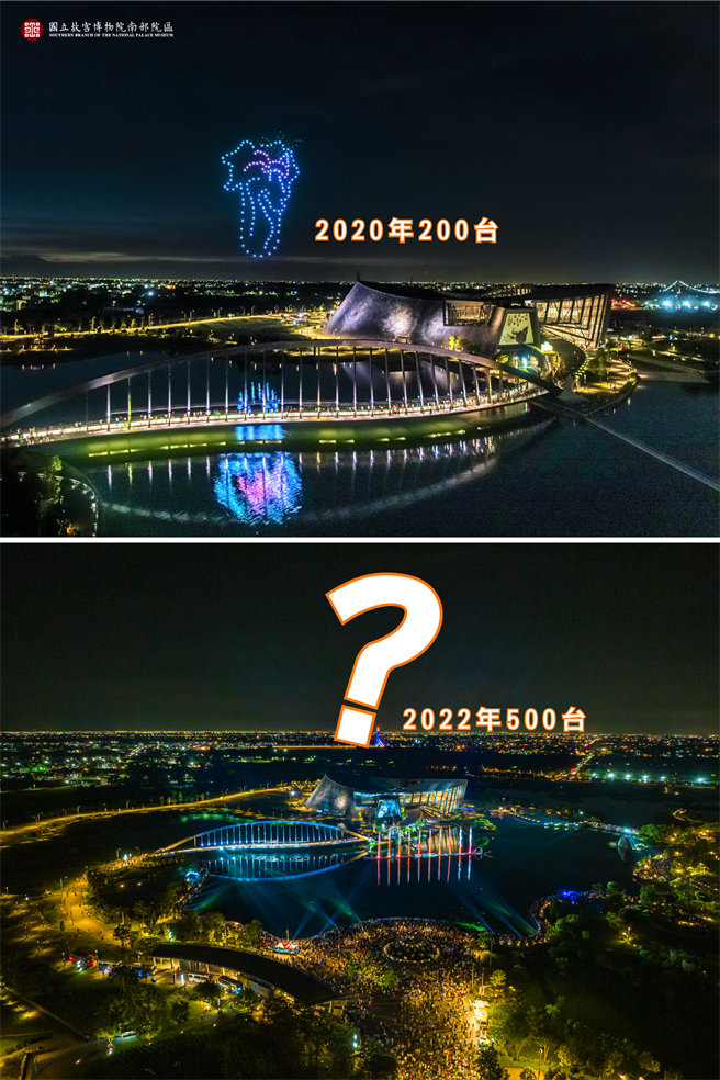 27日晚间登场的无人机群飞展演，曾以200台无人机「升空」的人气国宝翠玉白菜，这回将由500台无人机展现拟真立体姿态。（故宫南院提供∕吕妍庭嘉义传真）