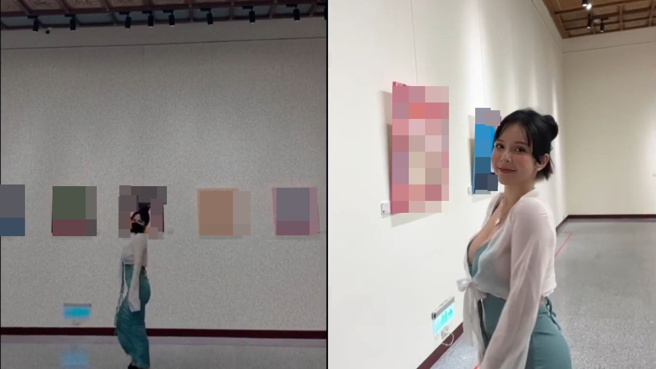 陳香菱在中正紀念堂看展，超兇曲線被看光光。(圖/陳香菱 IG)