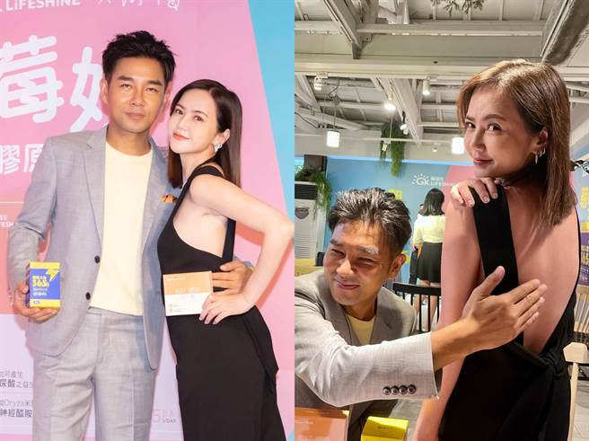 谢承均验货简沛恩性感水嫩美背。（葡萄王生技提供、林淑娟摄）