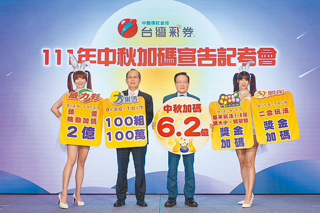 台灣彩券公司董事暨發言人黃志宜（右二）及總經理謝志宏（左二）宣布中秋加碼總獎金達6.2億元。圖／公司提供