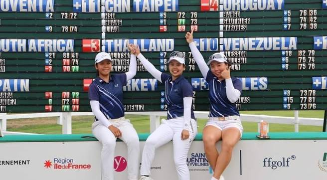 参加第29届圣托杯世界业余女子高球锦标赛的三位台湾女将廖信淳（左起）、许淮茜,黄亭瑄。（中华高协提供）