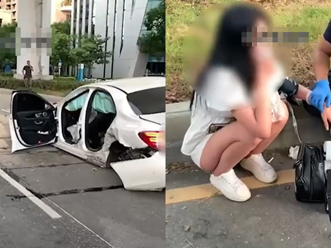 台中男子26日清晨到夜店喝酒狂欢后，开着宾士车「酒驾」载女友发生自撞车祸，撞击瞬间冒出恐怖火光与白烟，车体左侧几乎变形，轮胎与车门喷飞。（翻摄自记者爆料网）