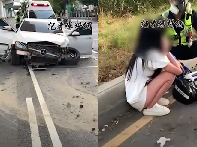 台中男子26日清晨到夜店喝酒狂欢后，开着宾士车「酒驾」载女友发生自撞车祸，撞击瞬间冒出恐怖火光与白烟，车体左侧几乎变形，轮胎与车门喷飞。（翻摄自记者爆料网）