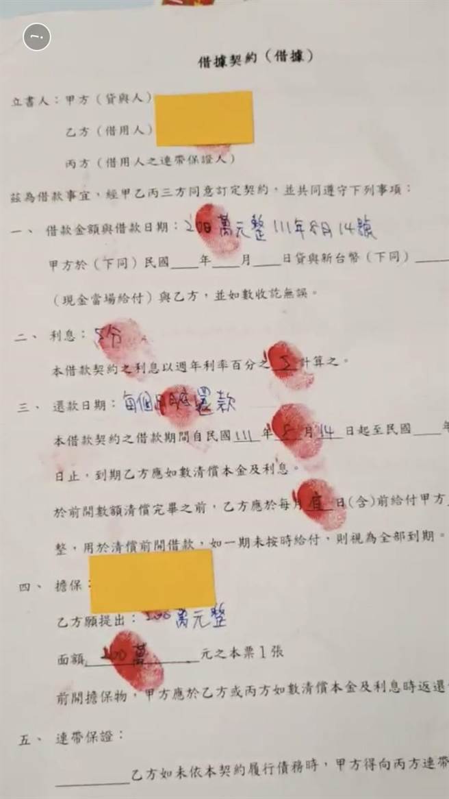 嫌犯逼迫被害人签下本票及借据。(翻摄照片／林郁平台北传真）