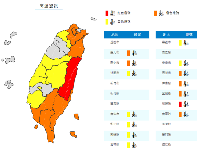 明（27）日气象局针对全台14个县市发布高温资讯，花莲恐出现38度极端高温。 （图／撷取自气象局官网）