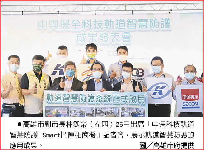 高雄市副市长林钦荣（左四）25日出席「中保科技轨道智慧防护 Smart斗阵拓商机」记者会，展示轨道智慧防护的应用成果。图／高雄市府提供