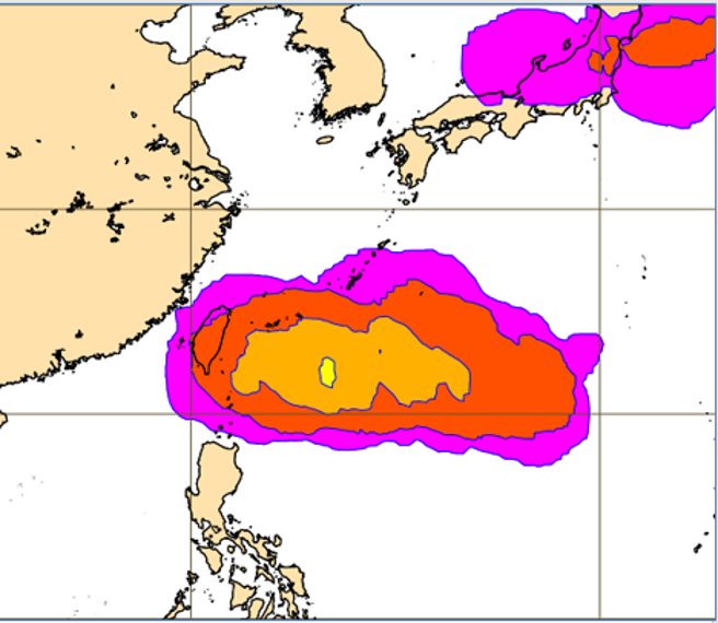 欧洲（ECMWF）系集模式模拟下周五颱风活动机率图。（图／翻摄自吴德荣「三立准气象· 老大泄天机」）
