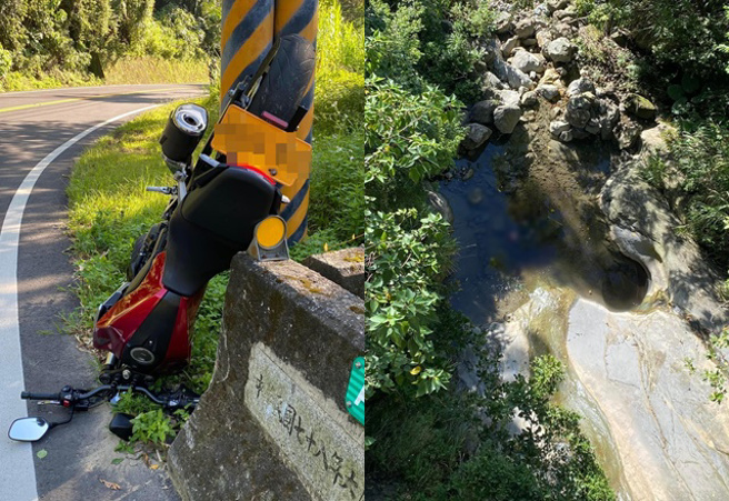 1名重机骑士疑似因为车速过过快，自撞电线杆后，坠落50米深的溪谷中。（图／翻摄大埔阿婆湾╴路况回报）
