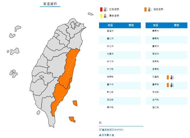 气象局发布高温警示，明（28）日台东、花莲恐有极端高温。（图／撷取自气象局官网）
