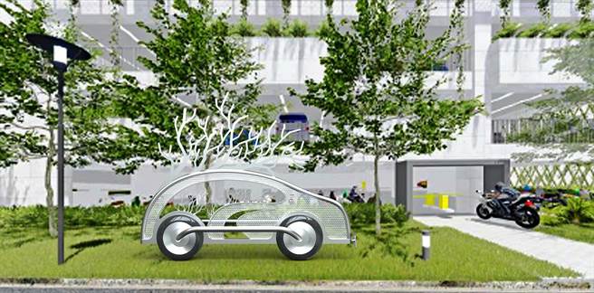 台中市沙鹿区沙田路立体停车场，公共艺术以不锈钢打造的2辆车子造型雕塑为主。(交通局提供)