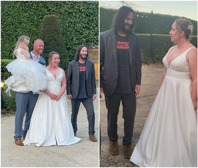 基努李維驚喜地出席粉絲的婚禮。（圖／推特@Nikki Roadnight）