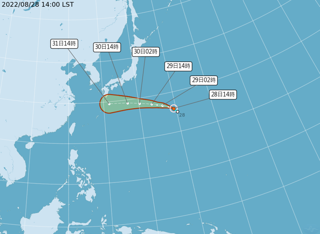 颱风「轩岚诺」预计朝日本前进，对台湾无影响。（翻摄自气象局）