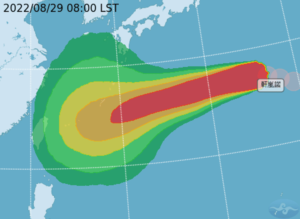 圖為軒嵐諾颱風暴風圈侵襲機率圖。(翻攝自氣象局)
