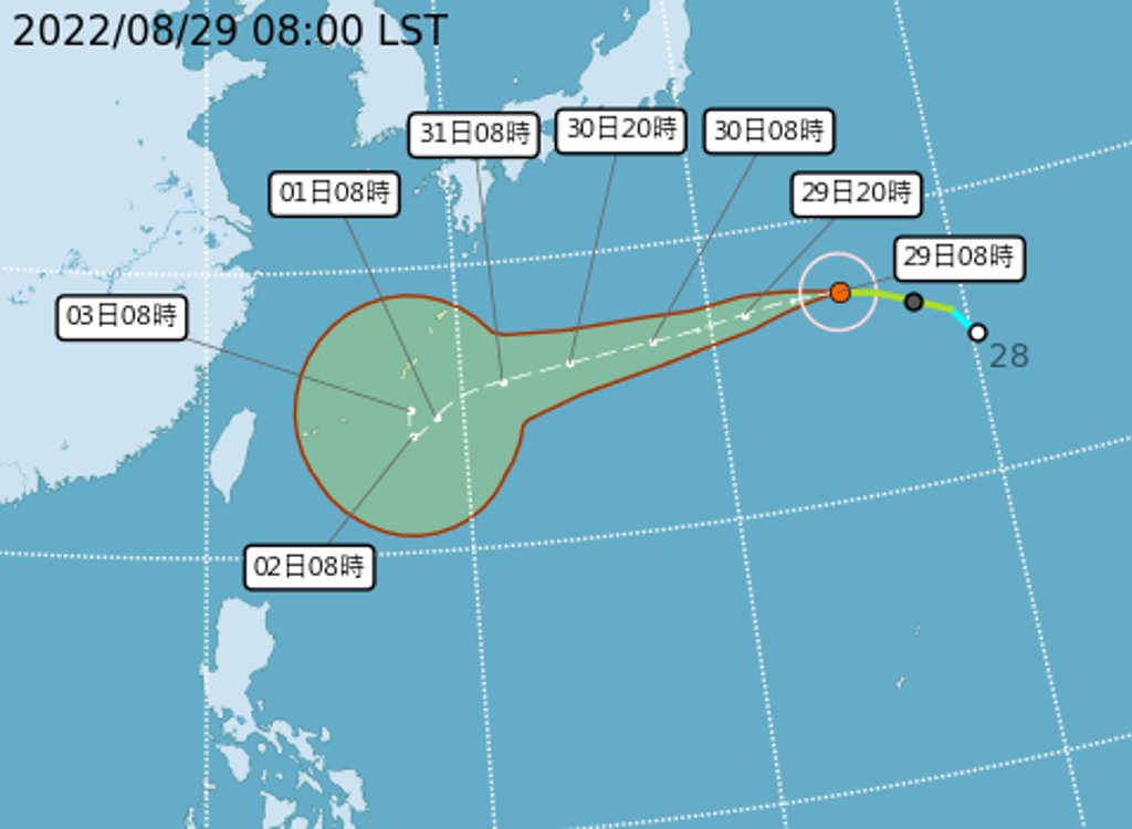 「軒嵐諾」颱風周六會在台灣東方海面北轉。(翻攝自氣象局)