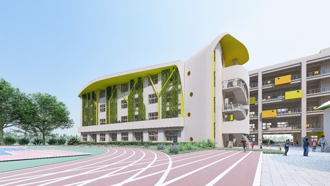 廍子国小第2期校舍工程获得金质奖，其设计延续第1期以种子萌芽、生长为构想，展现绿意盎然的活力。(图/台中市政府提供)