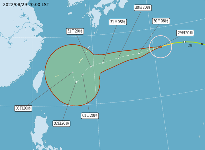 轩岚诺预估周六（9月3日）最靠近台湾。（翻摄自气象局）