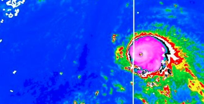 中颱轩岚诺目前已经开眼，近中心最大风速每秒33公尺。（翻摄自气象局）