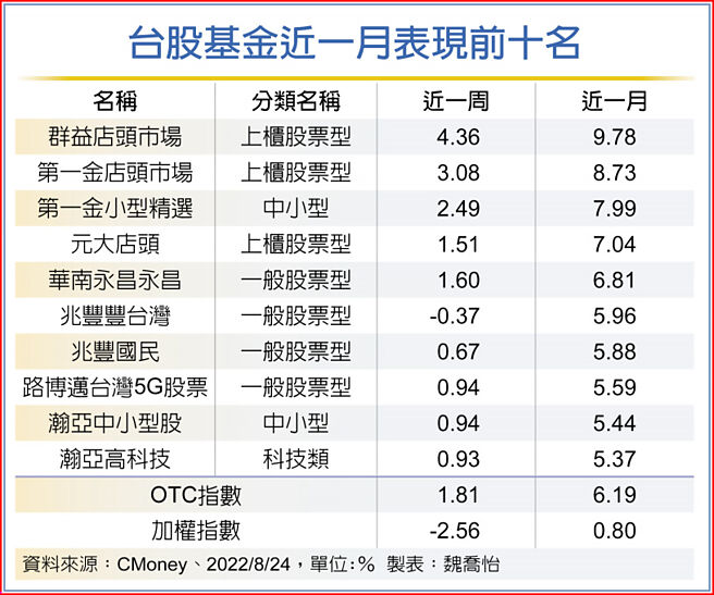 台股基金近一月表现前十名