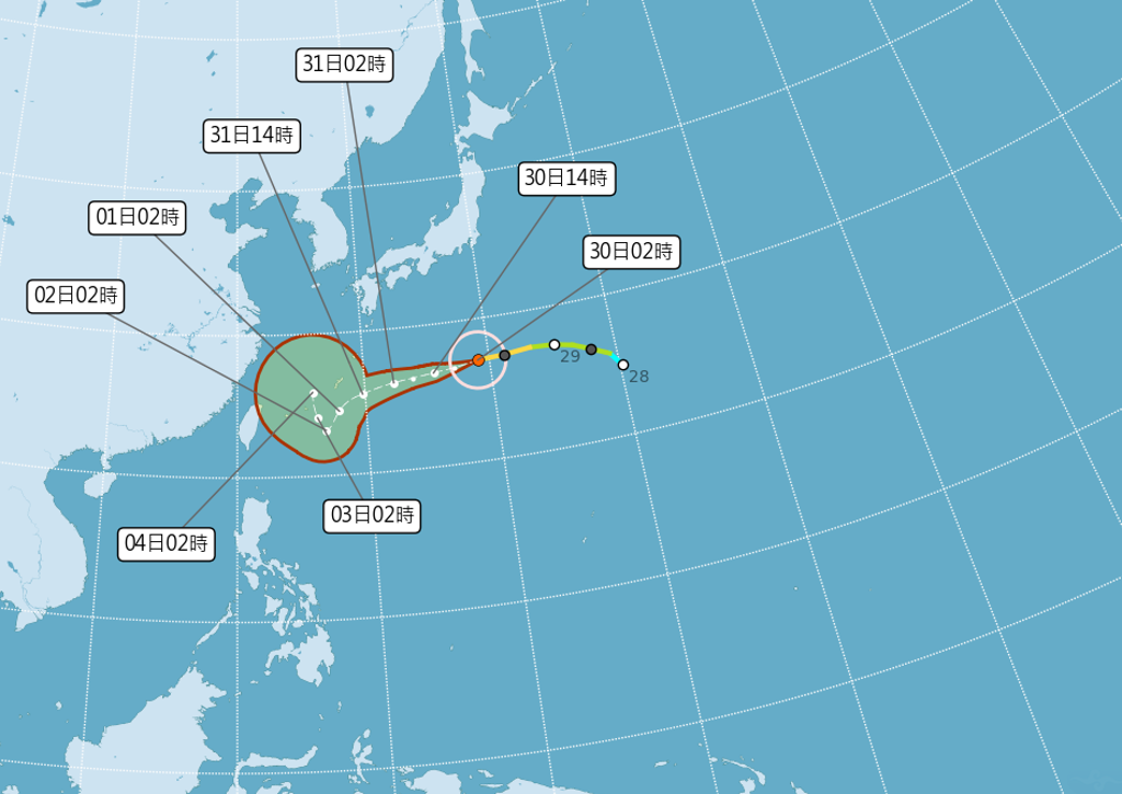 颱風逼近，北部、東北部明起至周六有雨。（中央氣象局提供）