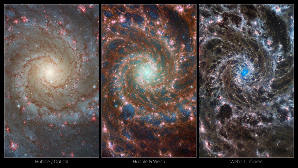 欧洲太空局发布的3张M74星系照片，右为韦伯中红外线影像、左为哈伯可见光影像，中间是两者的合成，特别突颢星系旋臂结构。图/ESA(photo:ChinaTimes)