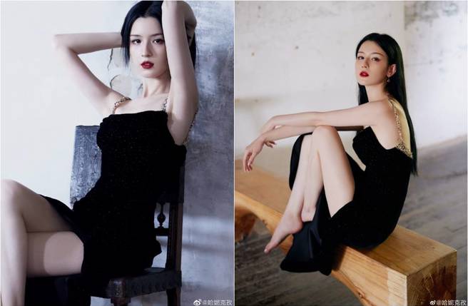 哈妮克孜辣晒开高衩、挖背洋装的写真。（图／取材自哈妮克孜微博）