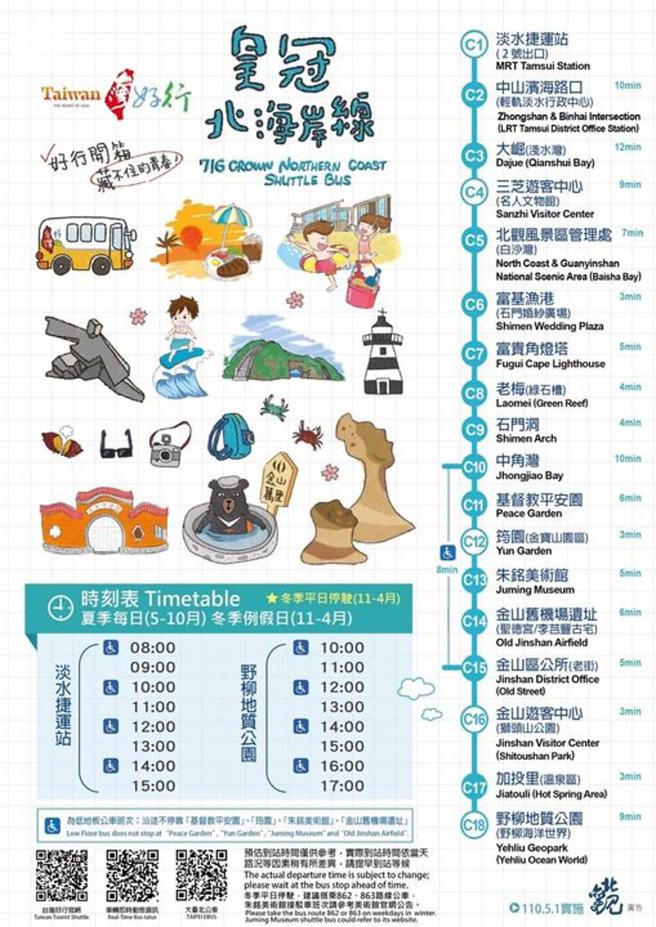 ▲皇冠北海岸线路线、时刻表。　图：北海岸及观音山国家风景区管理处／提供