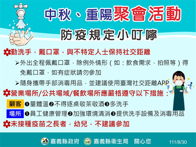 嘉义县卫生局提醒未完整接种疫苗的长辈、幼儿不参加中秋和重阳聚会活动，并尽速完整接种疫苗。（嘉义县政府提供∕吕妍庭嘉义传真）