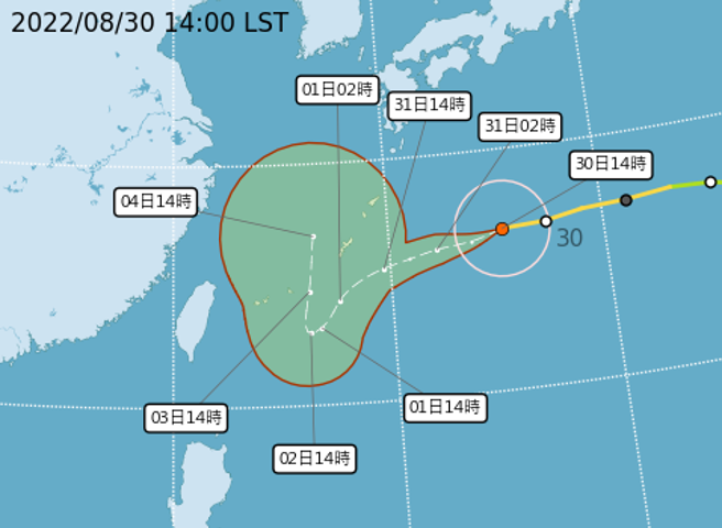 強颱軒嵐諾的預測路徑將大迴轉。(翻攝自氣象局)