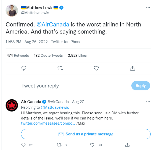 马修痛骂加拿大航空是北美最差劲的航空公司，对此加拿大航空感到遗憾。（图／推特@mattdavelewis）