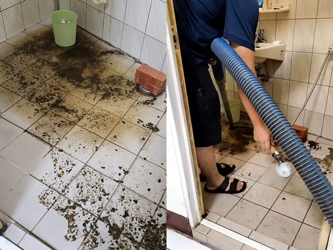 1名女網友日前遇到租屋處馬桶不通，幾次跟房東反應，對方都消極處理，近日廁所內更湧出骯髒屎水，房東還說「沒辦法」，她怒罵「屎都在床隔壁了耶」。（翻攝自臉書「爆料公社」）