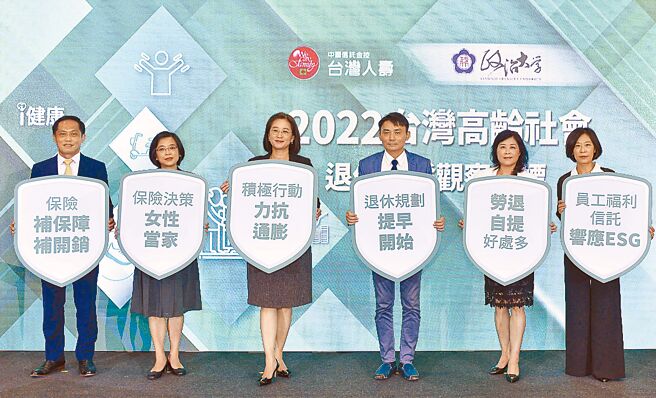 台灣人壽與政大商學院發表2022「台灣高齡社會退休生態觀察指標」，由政大教授黃泓智（右三)、楊曉文（右二)，台灣人壽副總經理張瓊文（左三）、孫紀蘭（右一）共同倡議力抗通膨。（台壽提供）