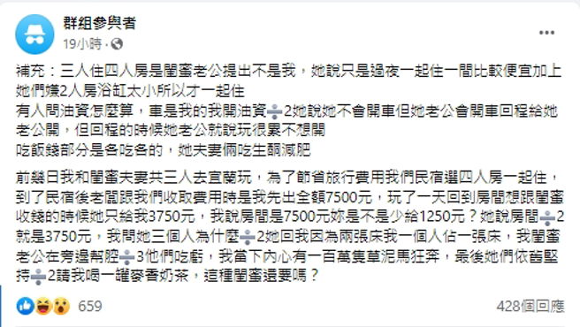 和闺蜜出游对方因为钱和她斤斤计较，让原PO不禁傻眼直呼：「这闺蜜还要吗」？（图／匿名2公社）