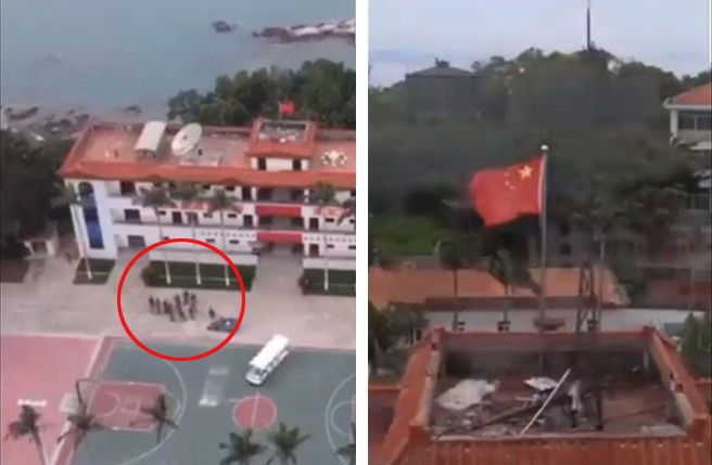 网路疯传疑似我方无人机从金门马山飞至对面角屿，除了大陆五星旗清晰可见外，也可看到营区广场有大约10余名共军官兵。（取自推特）
入镜