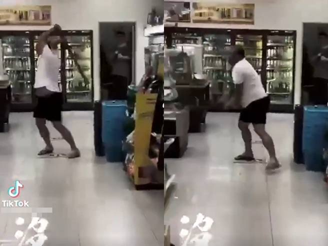 台南麻豆1间超商日前发生1名男子持木棍乱砸店内商品，嘴里还不断飙骂脏话，嚣张影片近日在抖音上疯传。（翻摄自抖音）