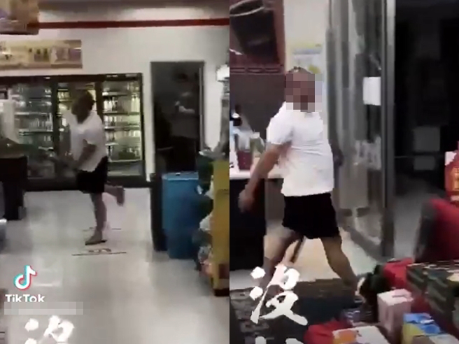 台南麻豆1间超商日前发生1名男子持木棍乱砸店内商品，嘴里还不断飙骂脏话，嚣张影片近日在抖音上疯传。（翻摄自抖音）
