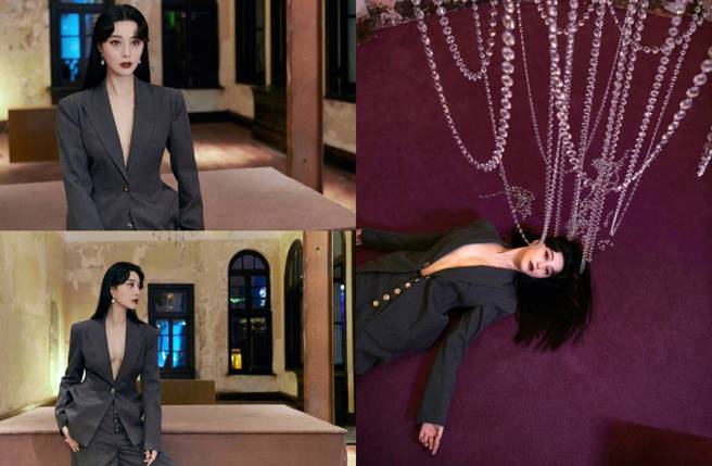 范冰冰西装外套里面没穿。(图／取自范冰冰工作室微博)