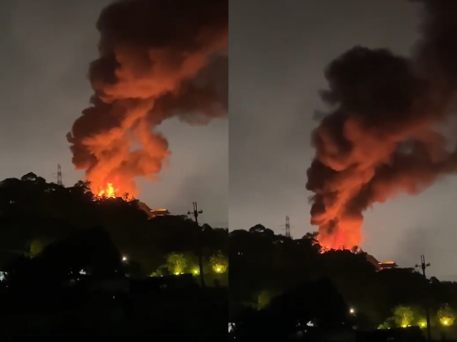 桃园市龟山区大坑路三段的庙宇「威天宫」今（31）晚8点36分发生猛烈火势。（翻摄自脸书）