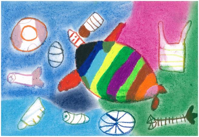 HAPPY GO邀请唐氏症及身心障碍青年们，描绘永续环保作品，「海龟与垃圾」描绘出大海被污染的五顏六色，海龟没有清澈的生长环境。（HAPPY GO提供）