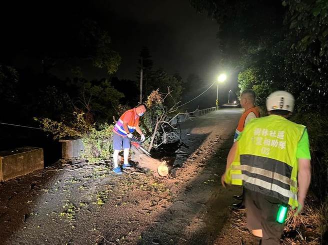 桃园市观音区树林里水患自主防灾社区启动应变机制不久后，就有强风吹倒大树事故发生，紧急派员清理恢復交通。（吴进昌提供／蔡明亘桃园传真）