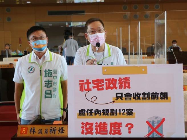 台中市议员林祈烽、施志昌1日业务质询时批评卢市府的市宅政绩是收割前朝。（林祈烽办公室提供／张亦惠台中传真）