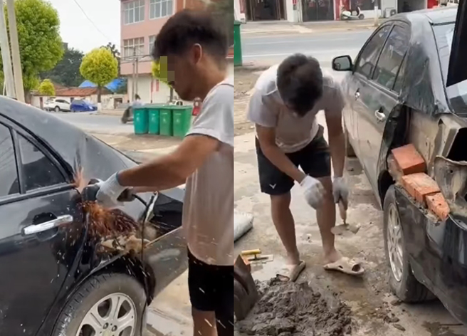 汽车师傅修车竟「加入砖块」，这一幕也让网友傻眼「车子不会歪一边吗」。（翻摄自脸书爆废公社公开版）