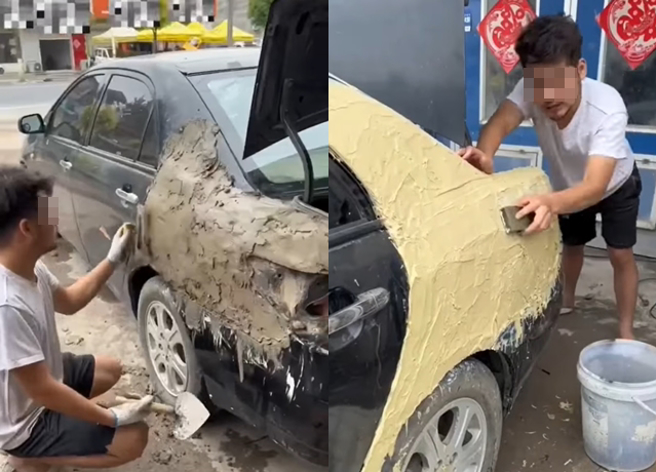 汽车师傅修车竟「加入砖块」，这一幕也让网友傻眼「车子不会歪一边吗」。（翻摄自脸书爆废公社公开版）