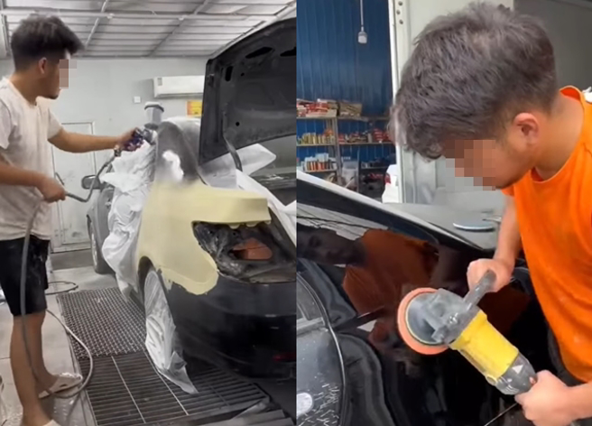 汽车师傅修车竟「加入砖块」，这一幕也让网友傻眼「车子不会歪一边吗」。（翻摄自脸书爆废公社公开版）