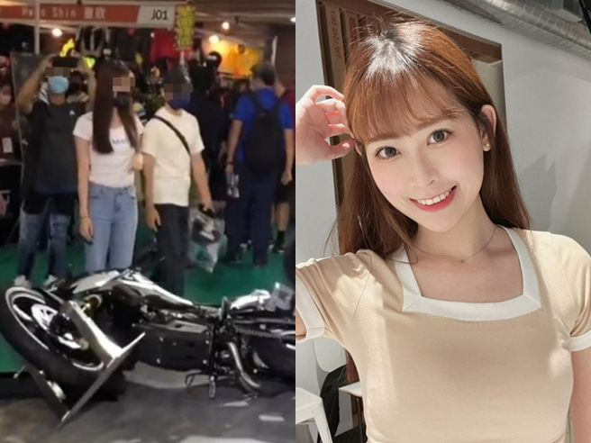 1名Show Girl日前在重機展現場靠著1輛BMW重機拍照時，該重機卻應聲倒地，而該名Show Girl是曾任中職拉拉隊「小龍女」的成員Jessy。（翻攝自臉書、IG）