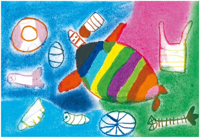 HAPPY GO邀请唐氏症及身心障碍青年们，描绘永续环保作品，「海龟与垃圾」描绘出大海被污染的五顏六色，海龟没有清澈的生长环境。（HAPPY GO提供）