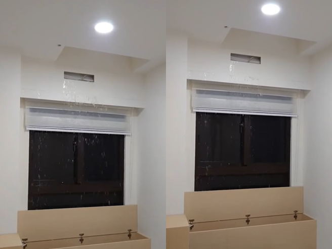 有网友分享新竹市区一处高级住宅大楼内疑似冷气管线破损，直接从墙内渗出大量水，水还落到下方的柜子内，让住户怒批「冷气排水管形成瀑布」。（翻摄自脸书「新竹爆料公社」）