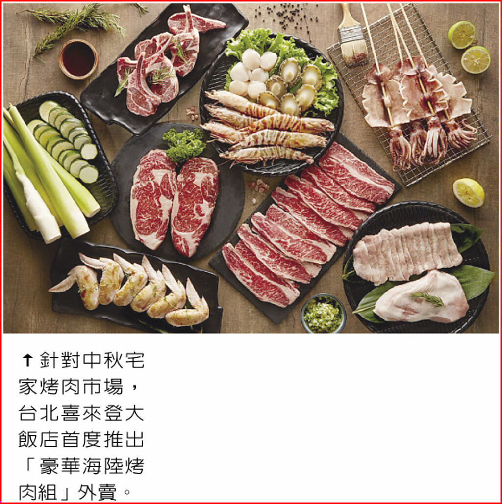 針對中秋宅家烤肉市場，台北喜來登大飯店首度推出「豪華海陸烤肉組」外賣。圖／業者提供