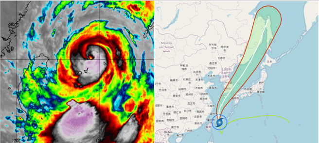 今晨4：45红外线云图显示，「轩岚诺」颱风眼再现（左图）。最新中央气象局「路径潜势预图」（右图）显示，「轩岚诺」向北北西进入东海，将再度增强为强颱；未来转向北北东而行，通过南韩及对马海峡ㄧ带后，由于海温渐低而减弱。(图撷自weathernerds、气象局)
